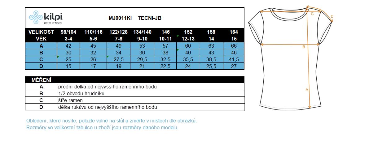 funkční tričko dětské Kilpi Tecni JB velikostní tabulka